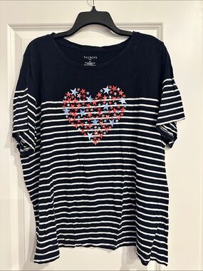 Talbots Navy Striped Tee with Red & Light Blue Star Heart
